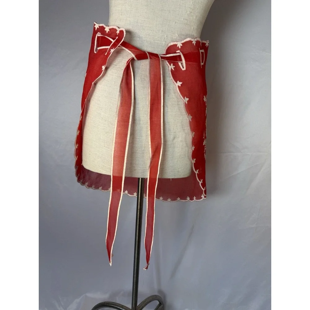 Vintage Sheer Christmas Floral Red White Embossed Half‎ Apron Hostess Retro